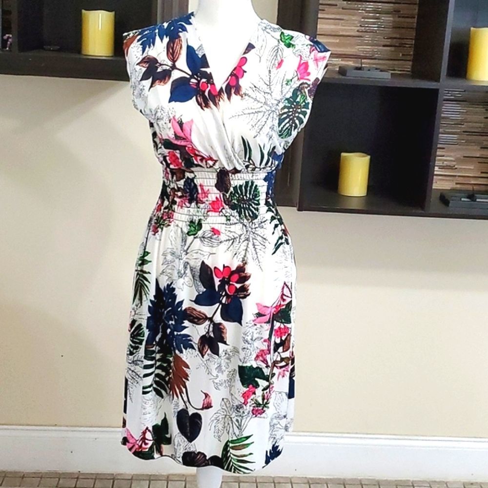 Retro 90s White Floral Tropical Beachy Surplice Flowy Jersey Mini Dress S